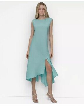 NWT DKNY Womens Aqua Sleeveless Maxi Dress Size 14 Asymmetrical Hem Flowy Summer